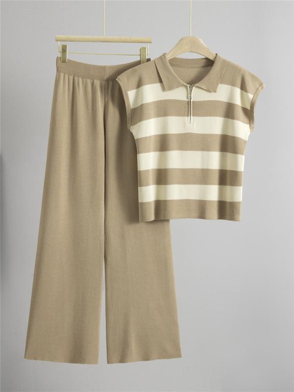 セットアップ レディース 女性用 カジュアル 夏 オフィスカジュアル 通勤 きれいめ 襟付き ノースリーブ ニットトップス ワイドパンツ 長ズボン レーヨン ポリエステル 配色切り替え 上下セット カーキ アプリコット ブラック キャメル