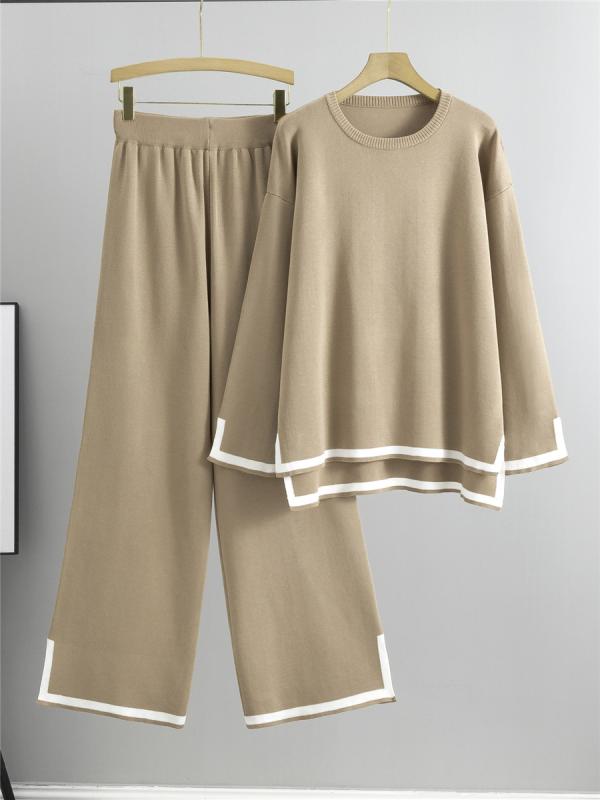 セットアップ レディース 女性用 秋冬 ニット 長袖 ロングスリーブ スリット ワイドパンツ ズボン セーター プルオーバー トップス 2点セット 通勤 オフィス カジュアル 普段使い ウール混 ビスコース ポリエステル リブ 上品 エレガント