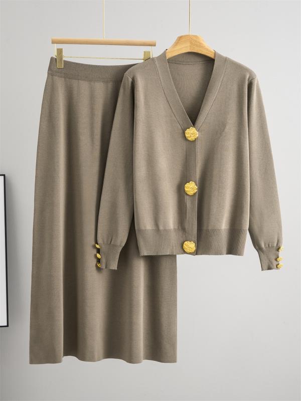 ニットセットアップ レディース 女性用 秋冬 Vネックカーディガン メタルボタン ロングスカート マキシ丈 上品 エレガント 欧米風 通勤 オフィス カジュアル アンサンブル ビスコース ウール混