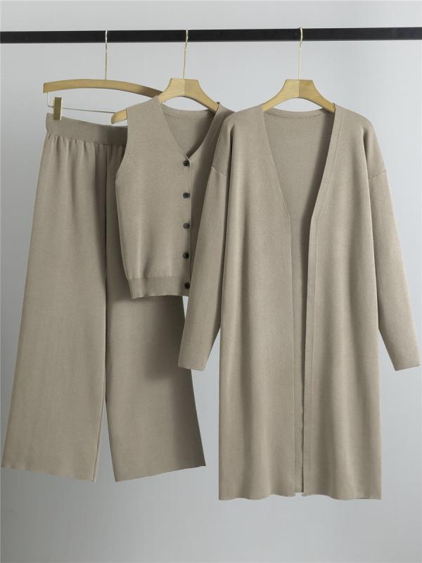 ニットセットアップ レディース きれいめ 通勤 ノースリーブトップス 長袖カーディガン パンツ 3点セット ウール混紡 レーヨン ポリエステル 切り替え 秋冬