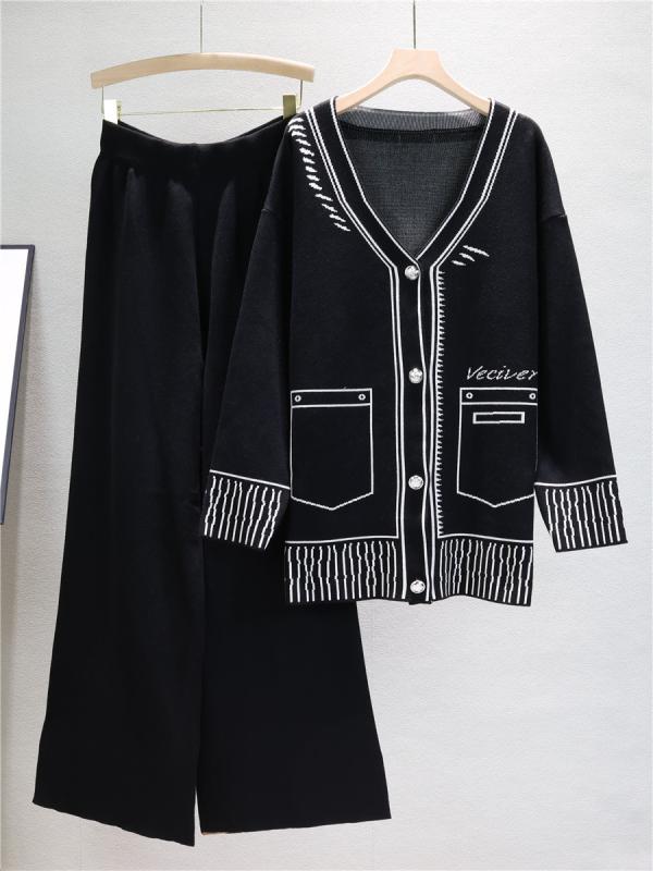 ニットセットアップ レディース 秋冬 ゆったり ミドル丈 ニットトップス ワイドパンツ 2点セット リラックススタイル 体型カバー おしゃれ きれいめ レーヨンポリエステル混紡 刺繍 通勤 オフィス カジュアル