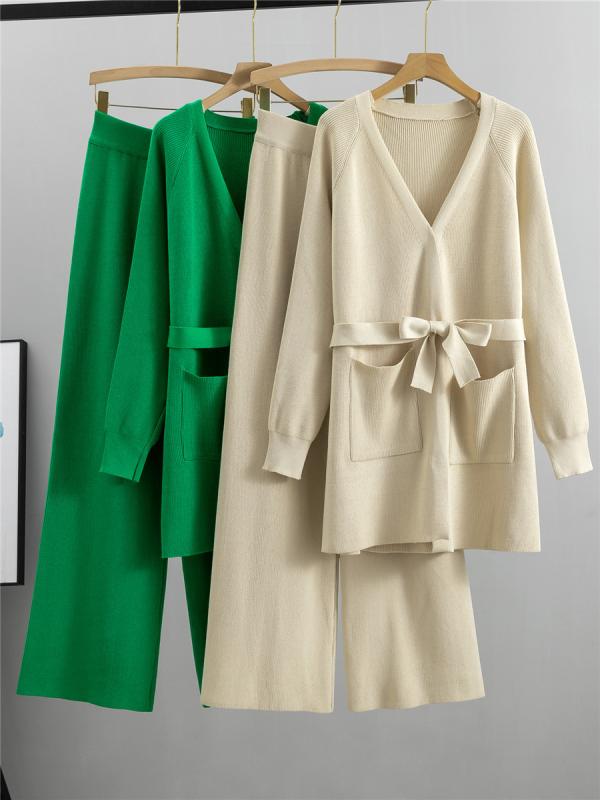 パンツセットアップ レディース ワイドパンツ ニットカーディガン ゆったり きれいめ エレガント 上品 通勤 オフィス カジュアル 長袖 ロングパンツ 秋冬 再生繊維 ポリエステル ウールライク 無地 切り替え