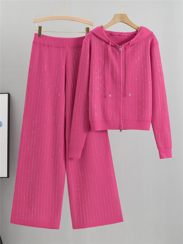 セットアップ レディース フード付き ニットカーディガン ワイドパンツ 2点セット ゆったり カジュアル ラインストーン装飾 通勤 オフィス きれいめ エレガント 上品 大人カジュアル 秋冬 再生繊維混紡