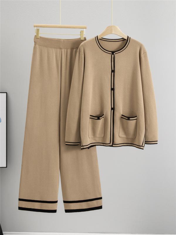 セット レディース ニットカーディガン ウール混 ワイドパンツ 2点セット ゆったり リラックス おしゃれ きれいめ 体型カバー 配色 通勤 秋冬