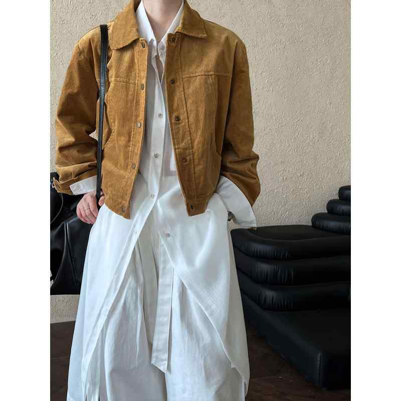 ジャケット レディース アメカジ レトロ ヴィンテージ風 コーデュロイ アウター ショート丈 ゆったり オーバーサイズ 襟付き ボタン 切り替え ポケット コットン スパンデックス アースカラー ブラウン レンガ 秋冬