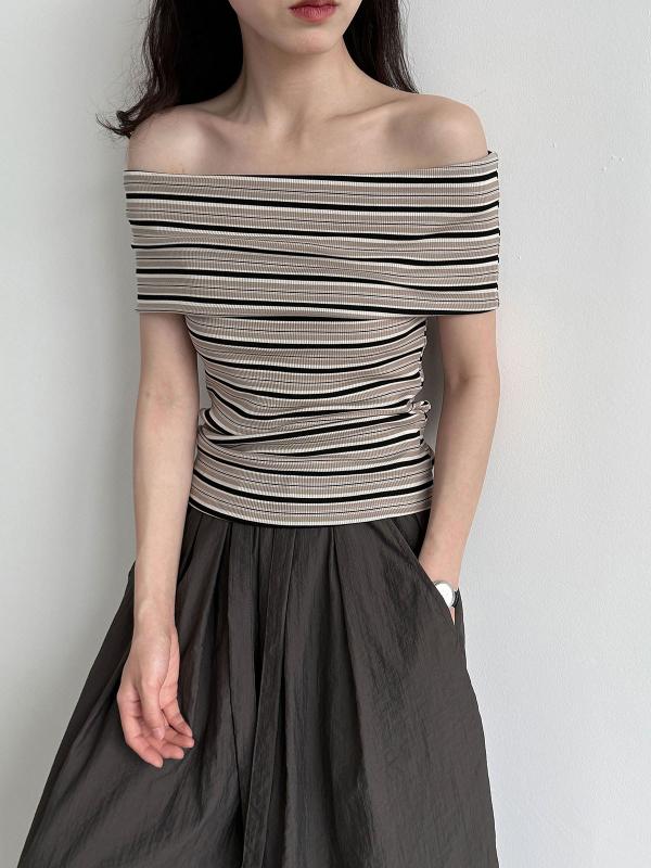 トップス レディース 韓国系 ストライプ チューブトップ キャミソール オフショルダー ノースリーブ ショート丈 スリムフィット テンセル 再生繊維 切り替え 夏 カジュアル 普段使い