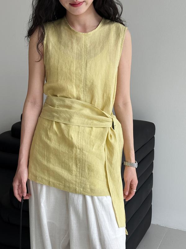 シャツ ブラウス トップス レディース ノースリーブ ウエストマーク リボンベルト 韓国 きれいめ ラミー 通気性 春夏 女性用 ゆったり 無地 ラウンドネック