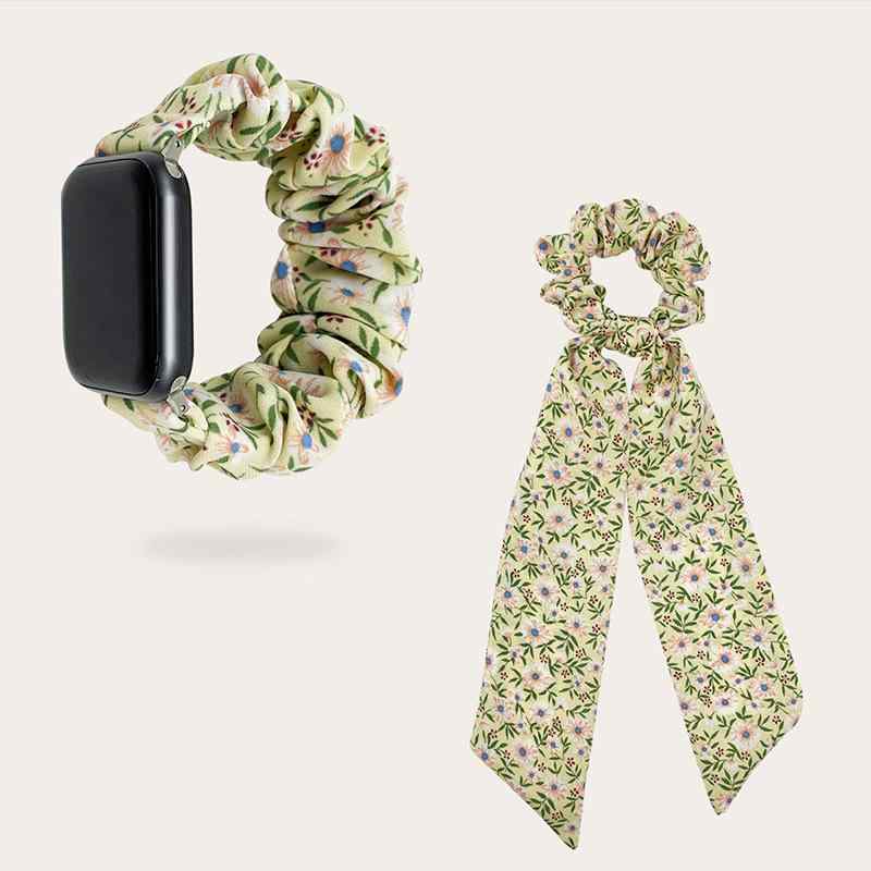 アップルウォッチバンド レディース シュシュ ヘアゴム 2点セット グリーン 小花柄 ポリエステル製 交..