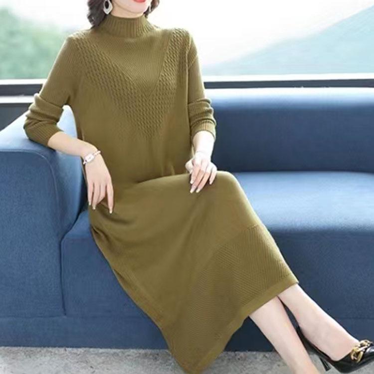 ワンピース レディース 女性用 秋冬 ゆったり ロング丈 プルオーバー ハイネック ニット セーター エレガント 上品 おしゃれ 通勤 オフィス レーヨン ポリエステル Aライン 黒 ダークレッド 抹茶 コーヒー マカロンカラー