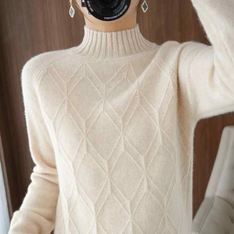 ニット レディース 女性用 秋冬 プルオーバー ケーブル編み ハイネック 長袖 厚手 ゆったり ルーズフィット ウール混 保温 暖かい 通勤..