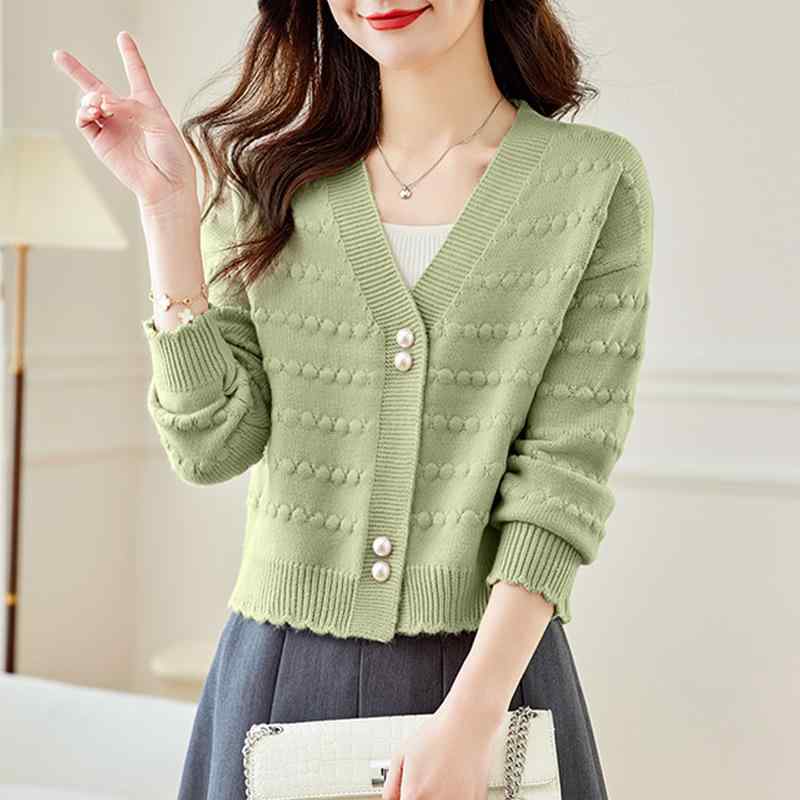 ニットカーディガン レディース ママ ショート丈 短め丈 Vネック 長袖 ハイウエスト 小柄 低身長向け ピンク マカロンカラー 無地 かわいい フェミニン 春夏 切り替え 羽織り カジュアル きれいめ