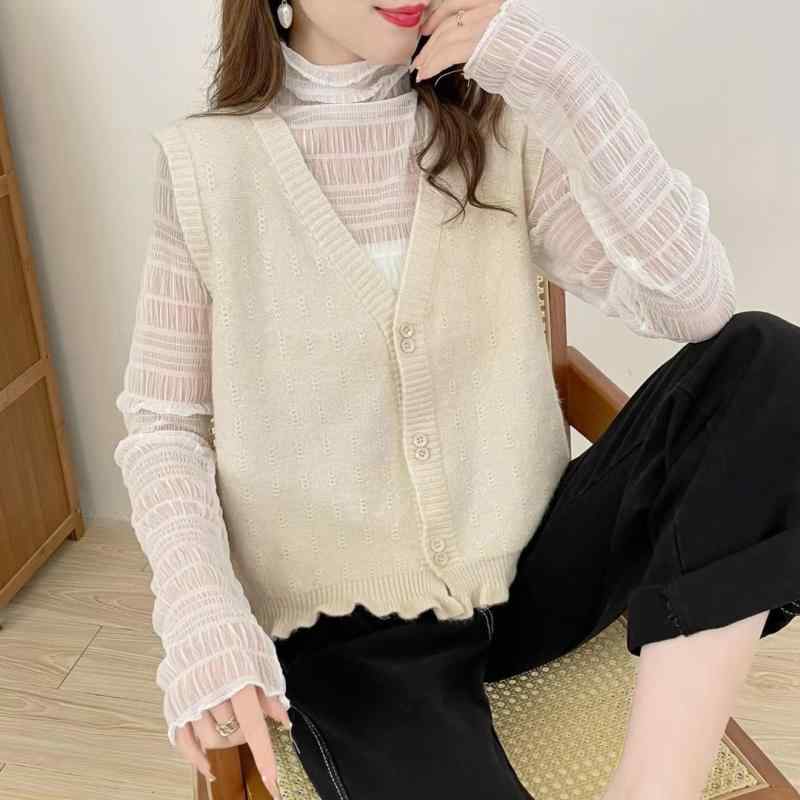 ニットベスト レディース Vネック フリル ゆったり スクール風 ジレ 開襟 カーディガン カジュアル フ..