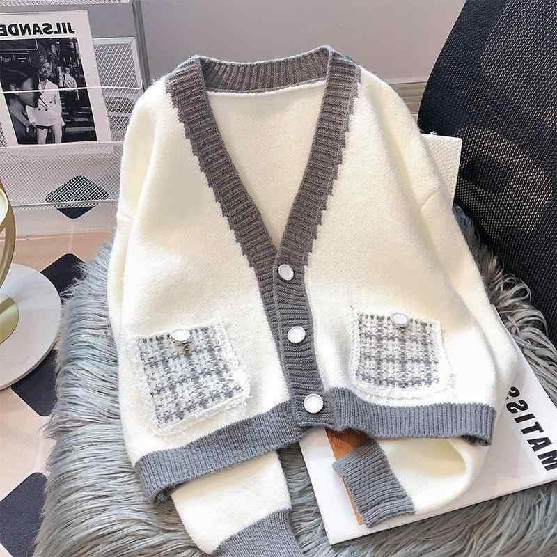 ニットカーディガン レディース 秋冬 Vネック ゆったり ルーズ 上品 エレガント トップス アウター スパンデックス配合 中厚手 切り替え 3つボタン ポケット 長袖 フリーサイズ 普段使い デイリーユース オフィス カジュアル ホワイト ブラック(4)