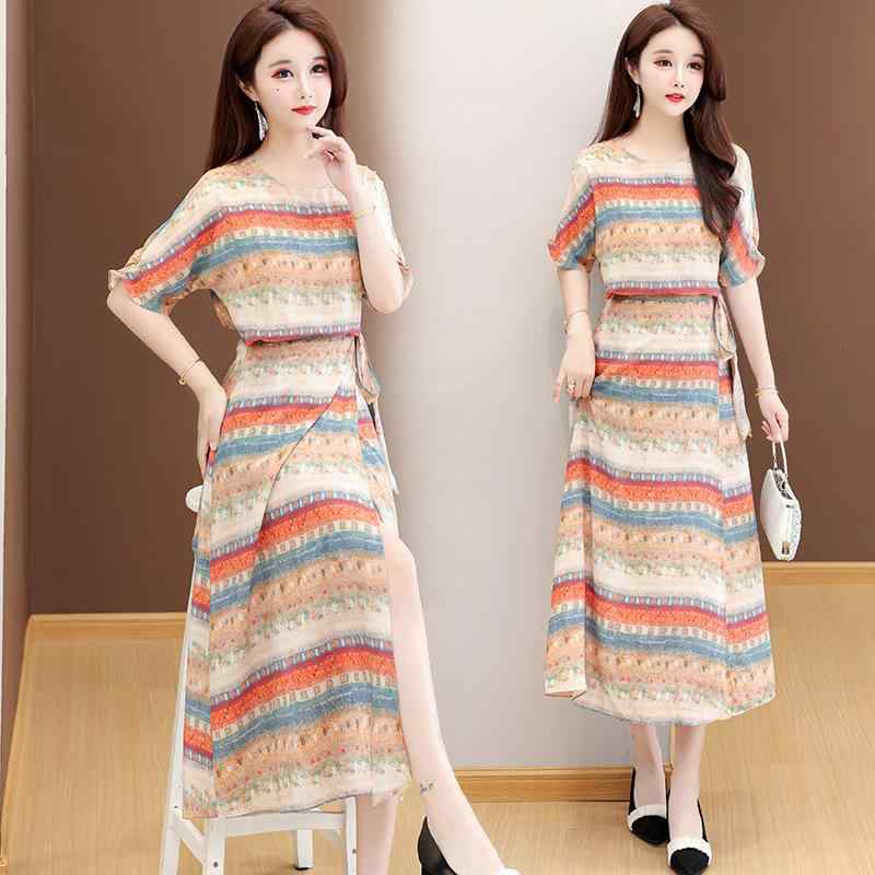 ワンピース レディース 夏 フレンチスタイル プリント柄 リボン ウエストマーク ロング丈 マキシ丈 おしゃれ 上品 エレガント リゾート ビーチ 海辺 普段使い 旅行 バカンス フレア 体型カバー Aライン