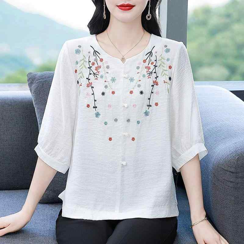 Tシャツ レディース 大きいサイズ ママ 綿麻 刺繡 ゆったり 体型カバー 五分袖 ドルマンスリーブ ラウンドネック 切り替え 通勤 普段使い おしゃれ 上品 カジュアル 春夏 白のサムネイル