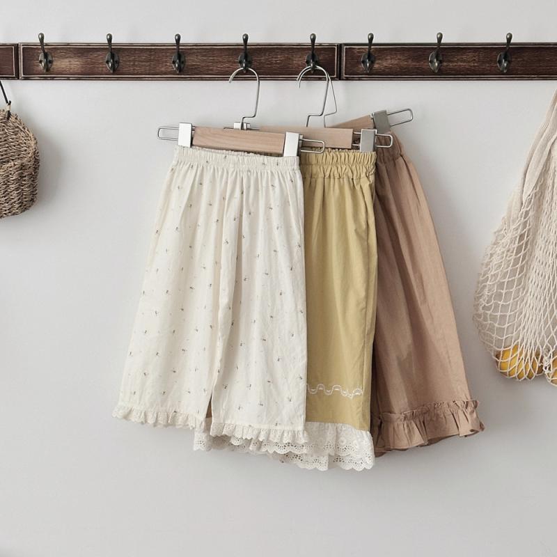 ベビー パンツ 女の子 春秋 韓国 コットン 綿 小花柄 フリル刺繍 裾 ワイド ゆったり カジュアル ウエストゴム お出かけ用 シンプル 柔らかな肌触り