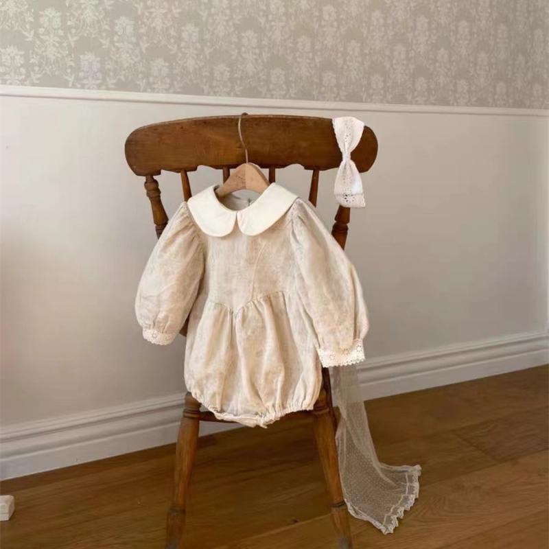 ロンパース 女の子 ベビー 赤ちゃん 幼児 春秋 綿 コットン ガーゼ ジャカード ドールカラー フリル襟 ..