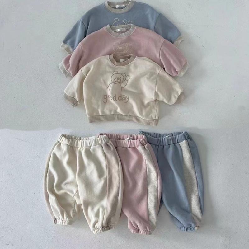 ベビー キッズ 男の子 女の子 春秋 スウェット 上下セット コットン 切り替え GOODDAY小熊 キャラクター 長袖 長ズボン カジュアル 柔らかい かわいい おしゃれ 普段使い お出かけ ルームウェア