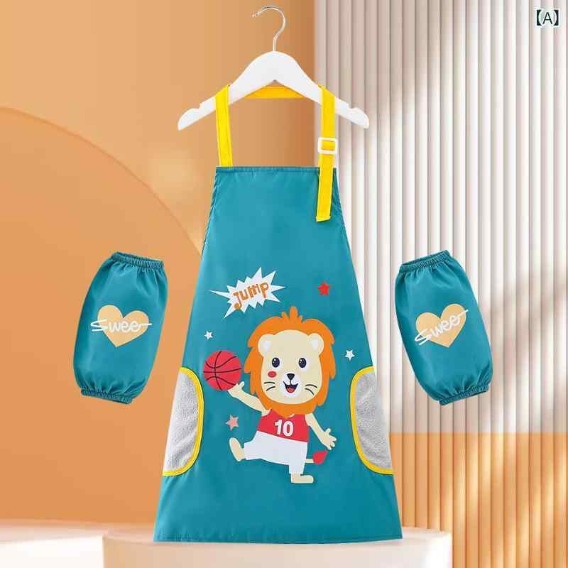 エプロン キッズ 子供 男の子 女の子 防水 防汚 スモック 絵画 お絵かき 美術 幼稚園 保育園 お食事 習い事 ポリエステル ノースリーブ ロング丈 動物柄 グリーン イエロー ブルー ピンク(4)