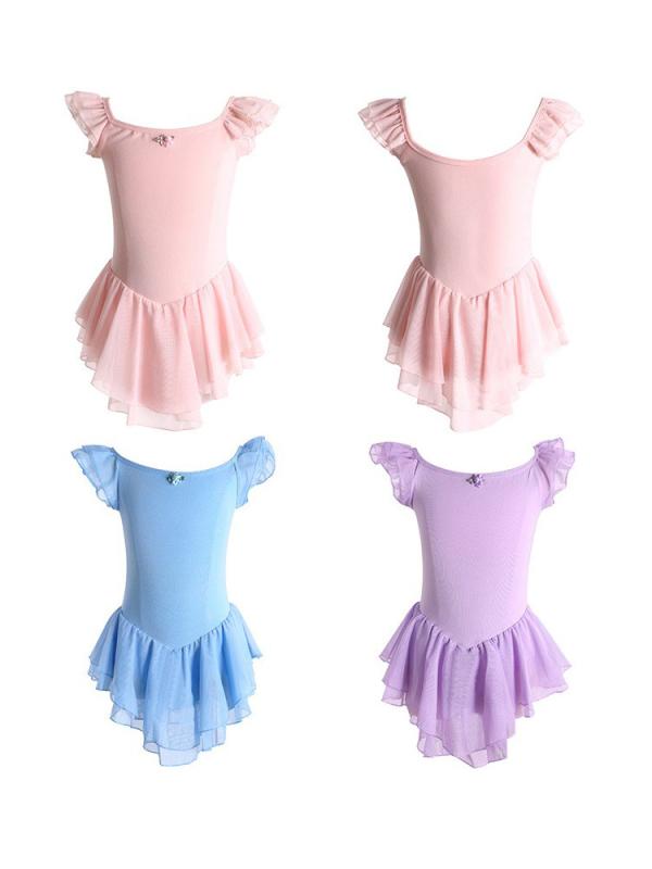 バレエウェア キッズ 女の子 子供用 春夏 半袖 コットン 綿 練習着 体操服 ダンス衣装 柔らかい 肌触り 発表会 舞台 バレエスカート チュチュ くすみピンク ライトブルー ライトパープル