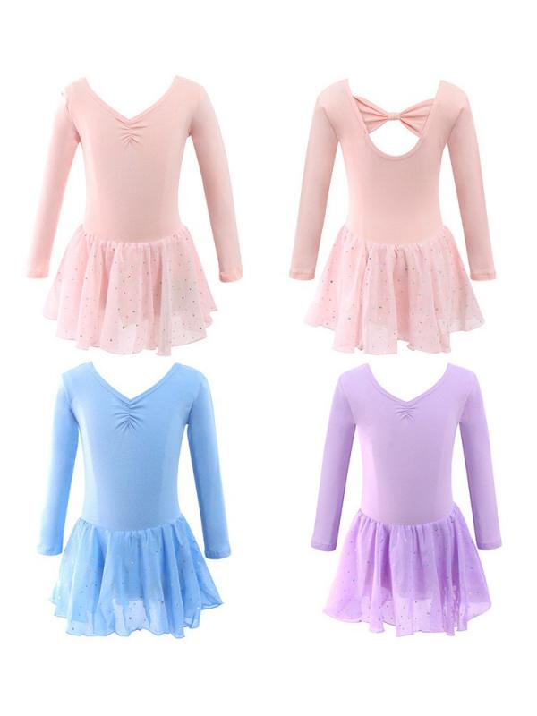 バレエ レッスンウェア キッズ 女の子 長袖 リボン スカート付きレオタード 練習着 中国舞踊 発表会 審査用 体操服 綿 ソフト かわいい 秋