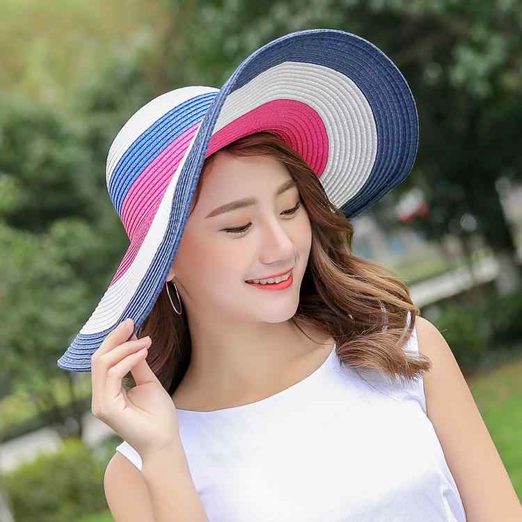 帽子 レディース 夏 ストライプ カラフル つば広 編み込み 麦わら帽子 ストローハット 折りたたみ UVカ..