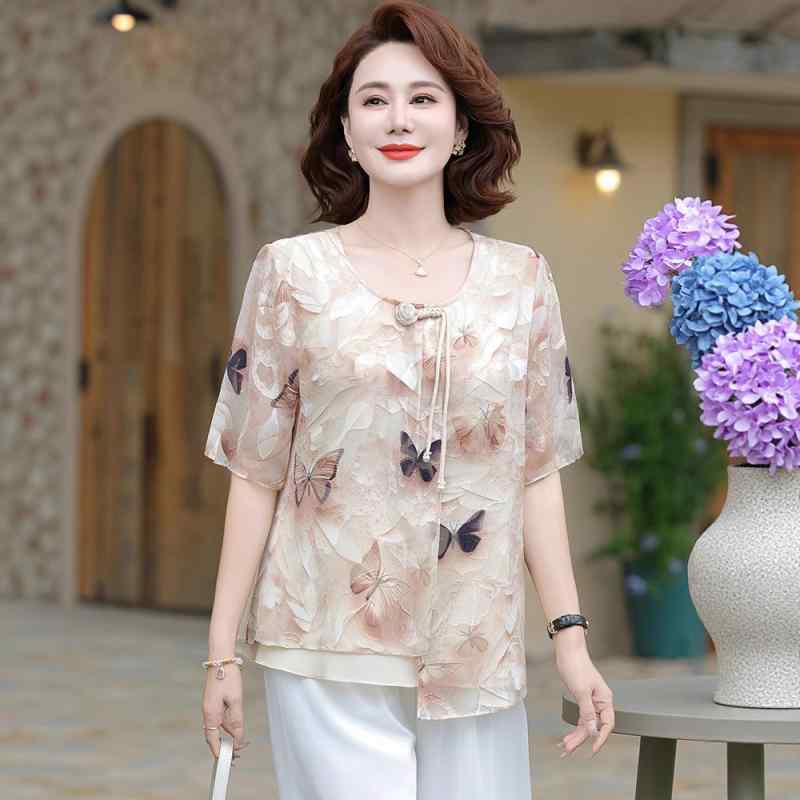 セットアップ レディース 中高齢 女性用 春夏 シフォン 半袖 ブラウス トップス おしゃれ 上品 チャイナ風 エスニック 普段使い お出かけ 涼しい 快適 ゆったり 体型カバー エレガント リラックス カジュアル 2点セット