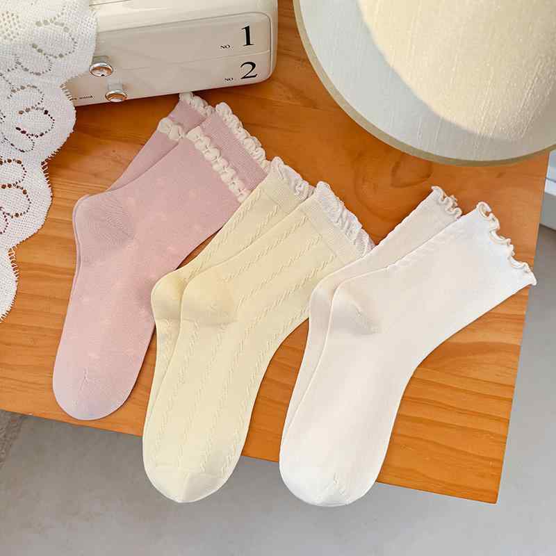 ソックス 3足組 浮き彫り レース 無縫製 クルー丈 ミドル丈 快適 普段使い カジュアル トレンド ファッ..