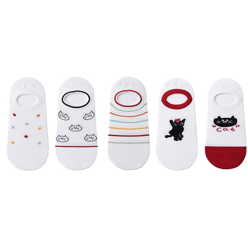 ソックス レディース くるぶし丈 フットカバー 5足組 春夏 薄手 無縫製 コットン 綿 かわいい 黒猫 通..