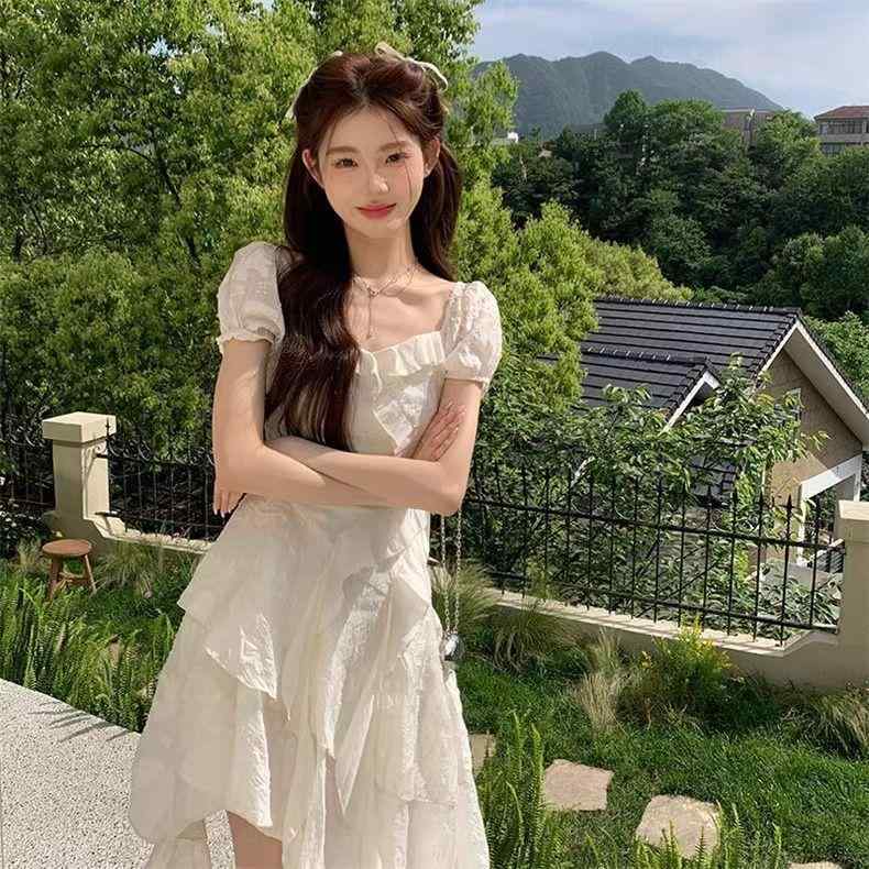 ワンピース レディース 妖精のような エレガント フリル袖 アシンメトリー ヘム ウエストマーク フレンチスタイル 初恋 清楚 白 マキシ丈 夏服