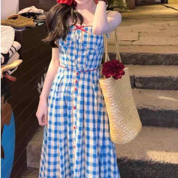 ワンピース レディース 女性用 香港風 レトロ ヴィンテージ風 上品 エレガント ブルー チェック柄 グレンチェック キャミソール ストラップ ロング丈 マキシ丈 フェミニン 大人可愛い カジュアル きれいめ 爽やか デイリーユース 通勤 お出かけ 春夏