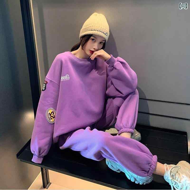 セットアップ レディース 春秋 韓国ファッション ゆったり オーバーサイズ スウェット トレーナー 上下..