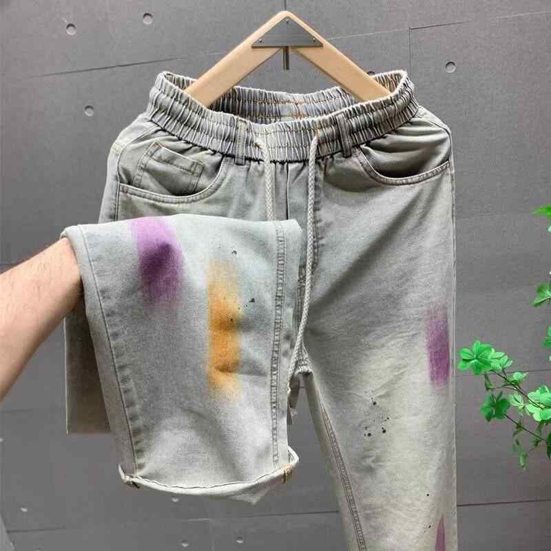 デニムパンツ メンズ 男性用 春夏 ウエストゴム ドローストリング レトロ ウォッシュ加工 グラフィティ クロップド丈 ハーフ丈 ルーズ ワイド ゆったり ストリート カジュアル