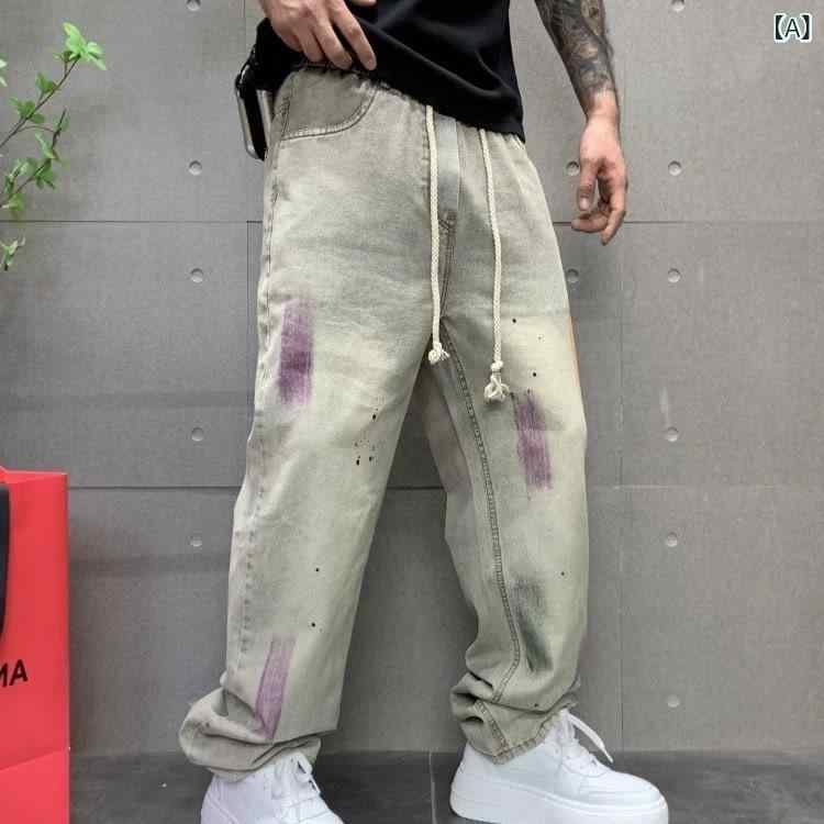 デニムパンツ メンズ 男性用 春夏 ウエストゴム ドローストリング レトロ ウォッシュ加工 グラフィティ クロップド丈 ハーフ丈 ルーズ ワイド ゆったり ストリート カジュアル