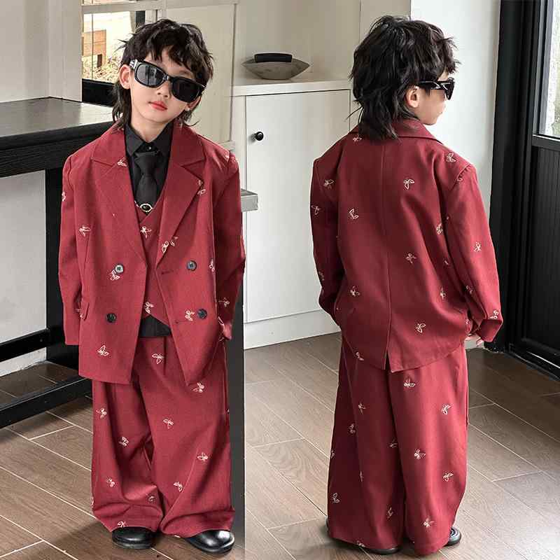 楽天おうち健康生活スーツ キッズ 男の子 スリーピース セットアップ 結婚式 発表会 礼服 フォーマル セレモニー 入学式 卒業式 七五三 フラワーボーイ ジャケット ベスト スラックス ダブルボタン 再生繊維 春秋