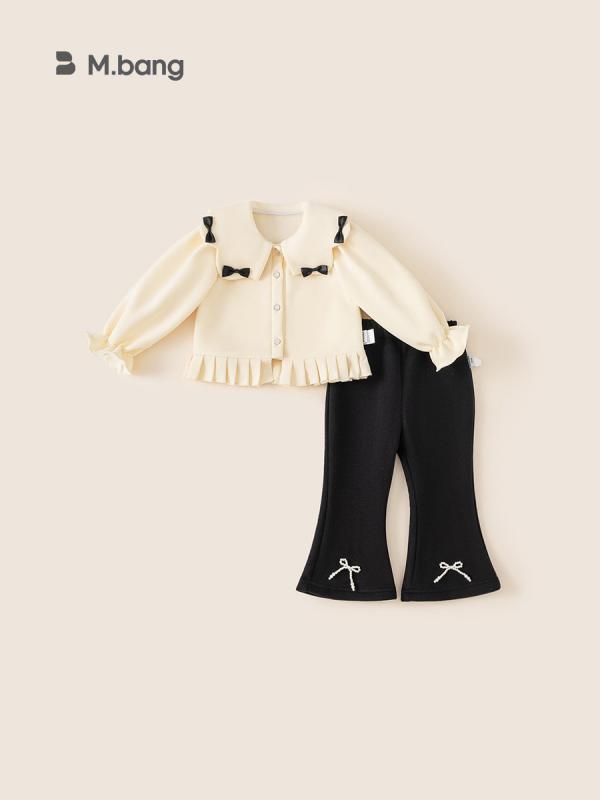 楽天おうち健康生活セットアップ 女の子 ベビー キッズ 子供用 秋冬 かわいい リボン 蝶結び フレアパンツ 裏起毛 厚手 暖かい 柔らかい 綿 コットン カジュアル 上下セット 2点セット アプリコット ベージュ