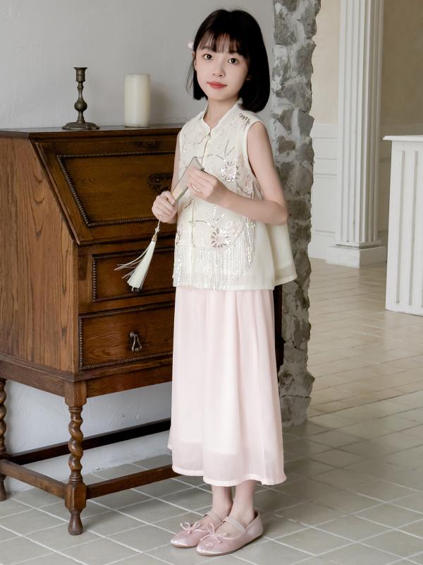 楽天おうち健康生活セットアップ 女の子 ガールズ ジュニア 中国風 新チャイナスタイル 中華風 レトロ 古風 おしゃれ モダン 2点セット ツーピース 清涼感 涼しい 薄手 綿混 ピンク 春夏 普段使い お出かけ リゾート