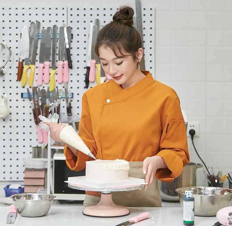 コックコート 男女兼用 ユニセックス 春秋用 長袖 ベーカリー パン屋 ケーキ店 飲食店 厨房 調理服 パティシエ 製菓職人 シェフ服 ポリエステル オレンジ カーキ ホワイト ブラック