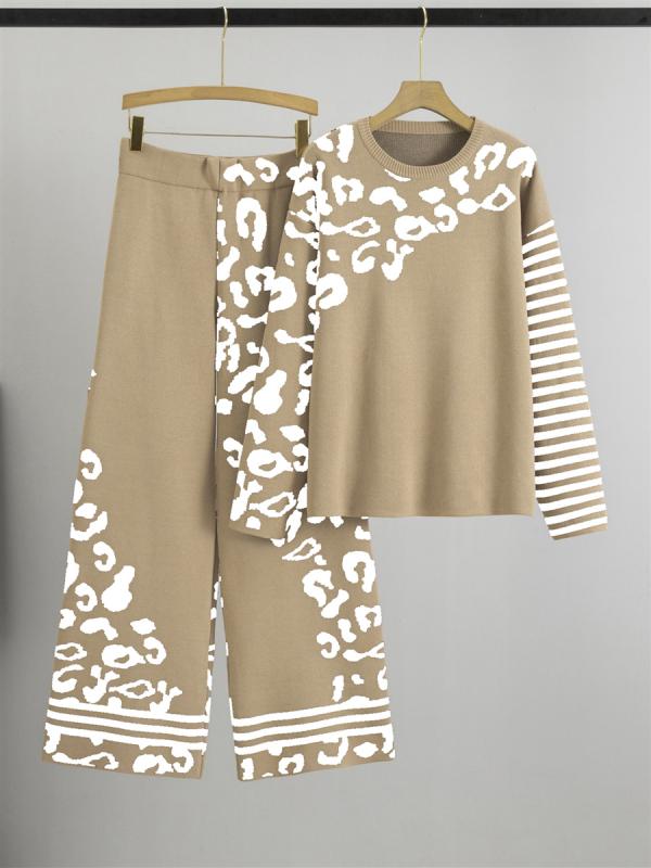 セットアップ レディース 高級感 ゆったり ヒョウ柄 ニットトップス レーヨン ポリエステル パンツ カジュアル オフィス 普段使い 体型カバー 長袖 ルーズフィット カーキ 黒 ツーピース 上下セット