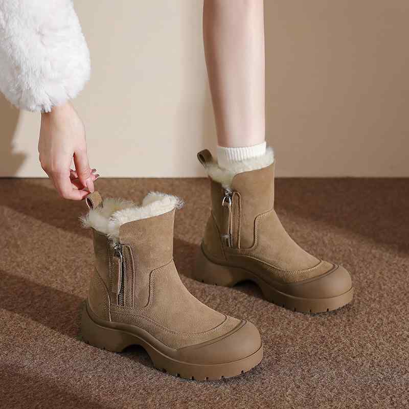 ムートンブーツ レディース 厚底 保温 裏ボア 牛革 スエード あったか もこもこ サイドジップ ラウンド..