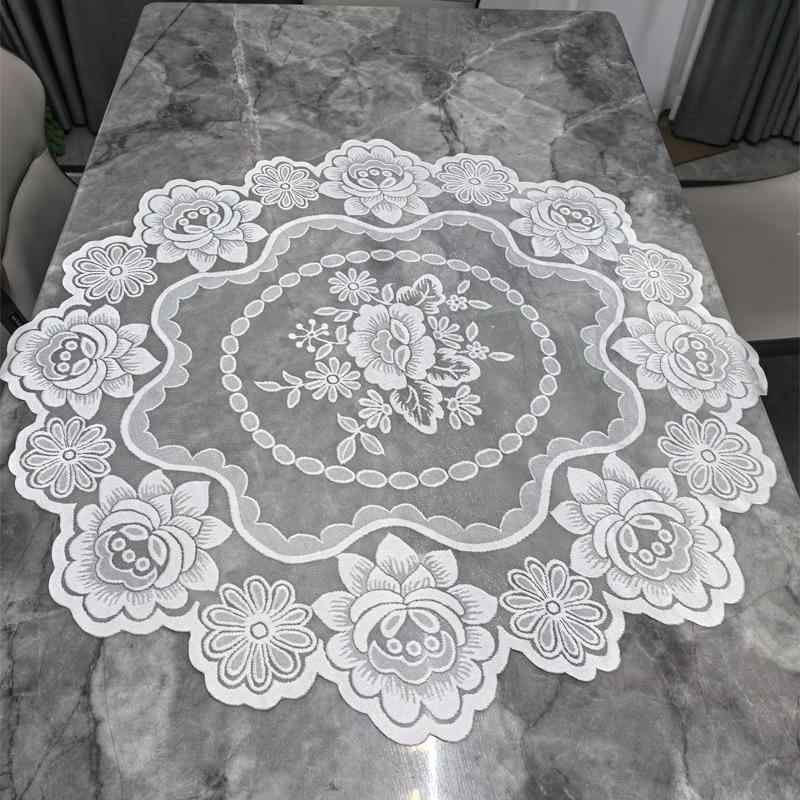 テーブルクロス レース 白 円形 ヨーロピアン 防塵カバー ポリエステル製 花柄模様 茶器トレイ ティー..