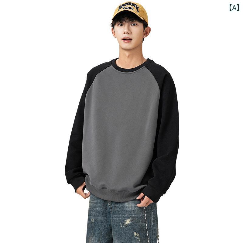 スウェット メンズ アメリカンカジュアル 配色切り替え ラグランスリーブ クルーネック ルーズフィット..
