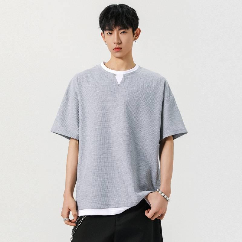 Rakuten - Tシャツ メンズ 男性用 Vネック 半袖 フェイクレイヤード 重ね着風 おしゃれ 韓国 韓流ファッション シンプル 着回し 合わせやすい 万能 グレー 灰 春夏 トップス