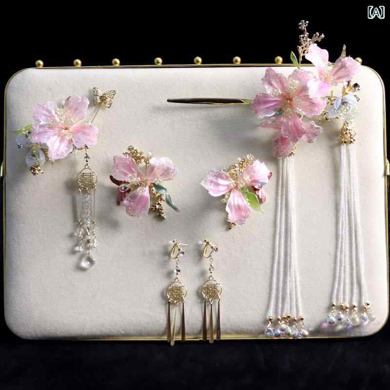 ヘッドドレス ブライダル ウェディング ピーチピンク フラワー パール タッセル 喜の字モチーフ イヤリ..