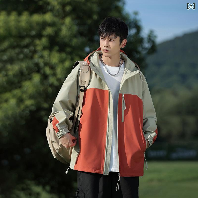 ジャケット メンズ 男性用 フード付き カジュアル アウター 切り替え リブ袖 ゆったり ビッグシルエット ルーズフィット ファッション トレンド 若者向け 羽織り
