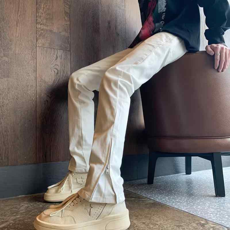 デニムパンツ メンズ 白 ジーンズ ストリート カジュアル アメカジ Vibeスタイル スリム 細身 ジップスリット 微フレア ストレート 秋 普段使い タウンユース ワイルド こなれ感
