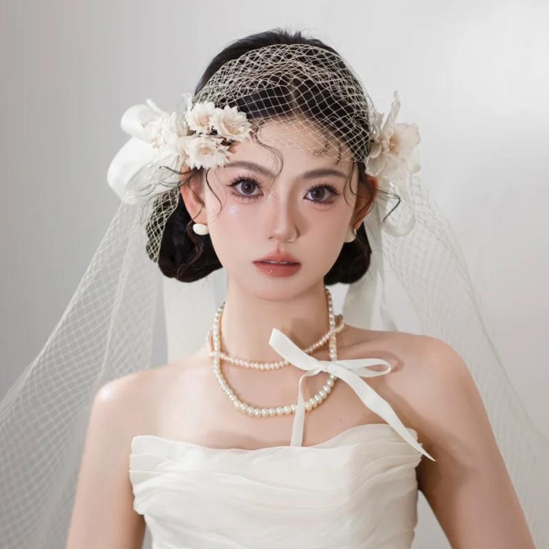 ヘッドドレス 花嫁 ウェディング フラワー チュール レトロ エレガント 髪飾り ヘアバンド カチューシ..
