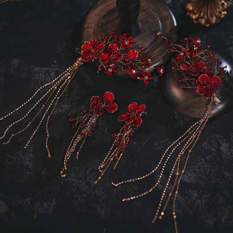 ヘアアクセサリー ブライダル 花嫁 韓国 ハンドメイド 流蘇 タッセル まとめ髪 アップヘア 赤 披露宴 ..