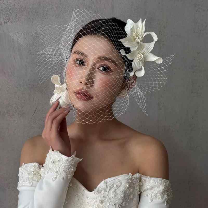 ヘアアクセサリー フレンチ レトロ 立体 花 チュール ベール 手作り 髪飾り 花嫁 新婦 結婚式 前撮り ..