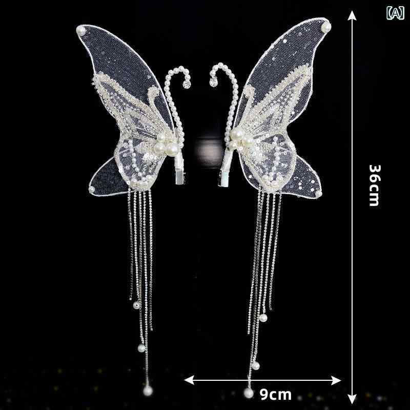 おうち健康生活のヘアアクセサリー 花嫁 ブライダル ヘッドドレス 韓国 手作り フェイクパール タッセル 蝶 ヘアクリップ 結婚式 披露宴 ウェディングドレス 髪飾り｜アングル2